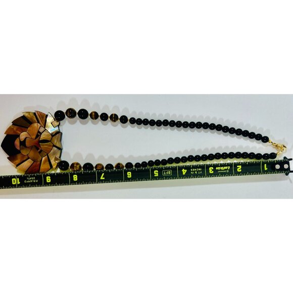 Lee Sands MOP Abalone Mosaic Lion Necklace Earrings Set on Onyx Tigers Eye Beads - Picture 7 of 8